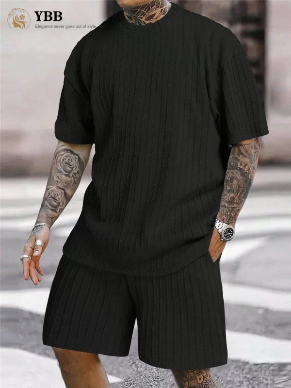 Conjunto de camiseta e shorts de manga curta masculino, listra sólida, casuais de ginástica, streetwear, nova moda, primavera, verão, 2 peças.