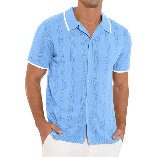 Camisa masculina, manga curta, de malha de lapela de botão, cardigans vintage retalhados, respirável, oca, casual, praia, verão. - Image 3