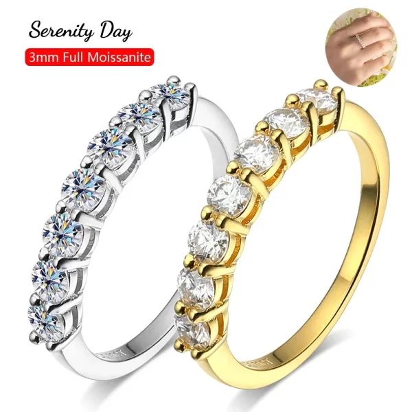 Anel feminino Serenidade Dia, Moissanite Fileira Anéis, Real Cor D, Jóias, S925 Placa de Prata Esterlina, 7 Pedras, 3mm, Pt950.