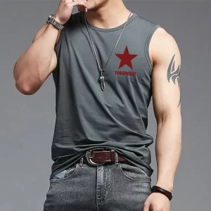 Camiseta regata maculina esportiva de algodão, respirável, secagem rápida, gola redonda, estampa de estrela de cinco pontas, colete sem mangas, moda verão.