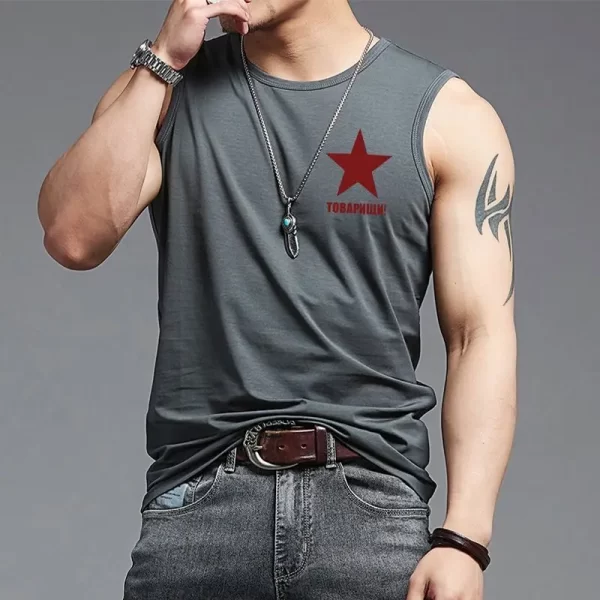 Camiseta regata maculina esportiva de algodão, respirável, secagem rápida, gola redonda, estampa de estrela de cinco pontas, colete sem mangas, moda verão.