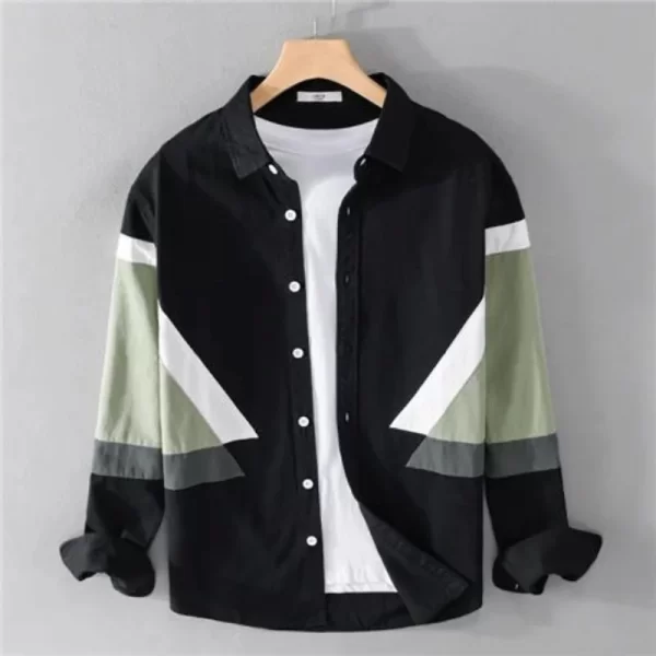Camisa masculina, manga longa, casual solta versátil,  de emenda, cor de contraste, fina, estilo Hong Kong, tendência da moda, nova estação, primavera e outono. - Image 2