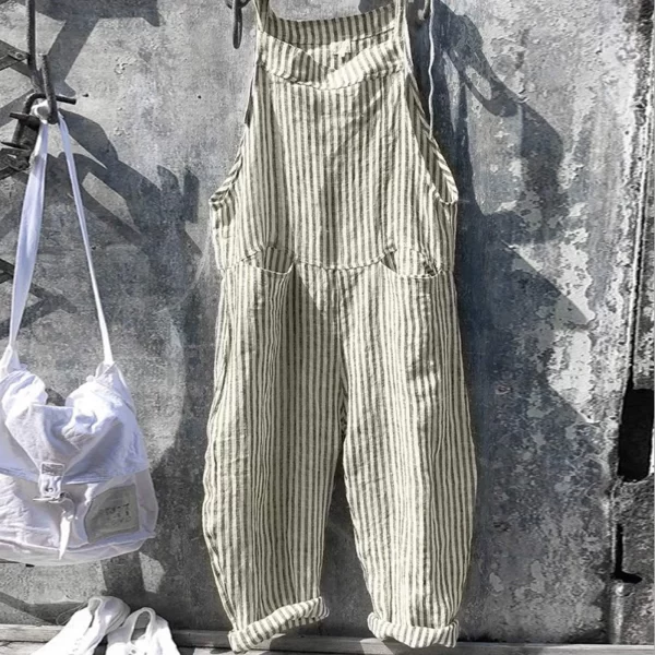 Macacão Listrado impressão Casual feminino, Perna larga Big Pocket Verão, sem mangas, Tornozelo Comprimento geral Streetwear Combinaison. - Image 2