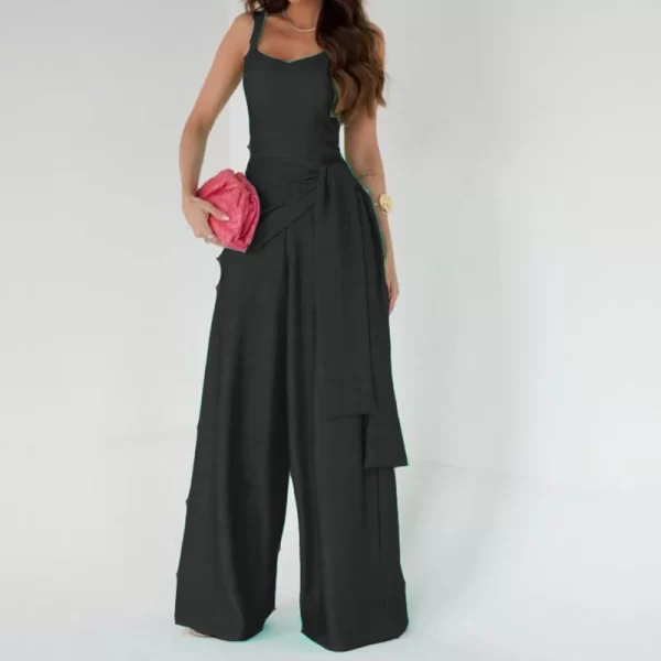 Macacão longo com cadarço de cintura feminino, elegante sem mangas, monocromático de festa,  casual solto, moda, verão. - Image 5
