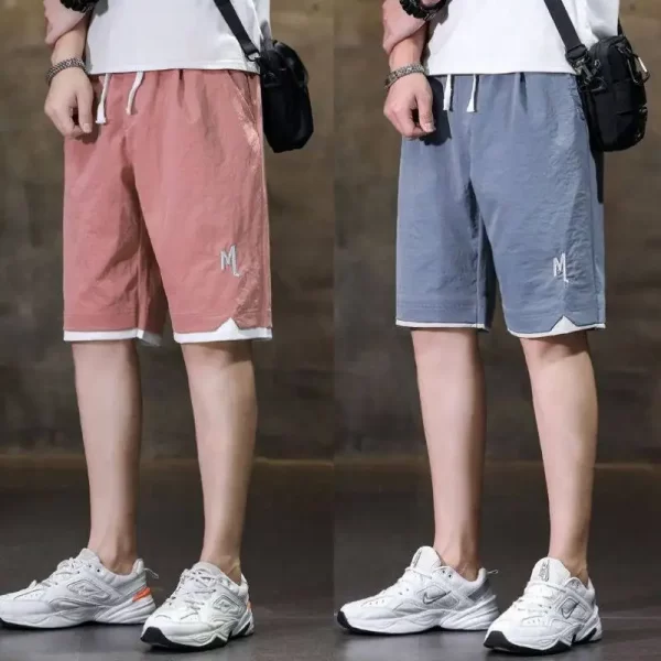 Bermuda masculina,  de bolso, de seda gelo clássico, fino, solto, cordão para cintura, moda casual, verão. - Image 3