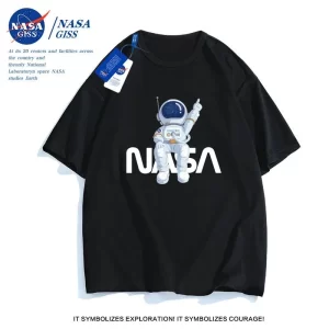 Camiseta unissex de manga curta impressa em torno do pescoço da Nasa.