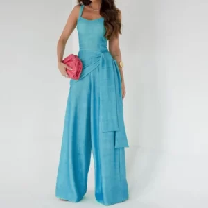 Macacão longo com cadarço de cintura feminino, elegante sem mangas, monocromático de festa,  casual solto, moda, verão.