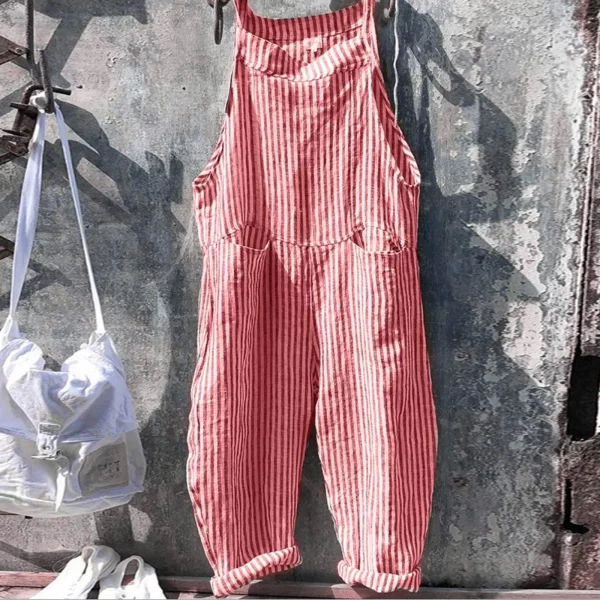 Macacão Listrado impressão Casual feminino, Perna larga Big Pocket Verão, sem mangas, Tornozelo Comprimento geral Streetwear Combinaison. - Image 3