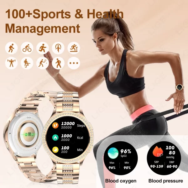 Relógio de pulso feminino, LIGE-Smartwatch, 1.32 ", Chamada Bluetooth, Assistente de Voz AI, Relógios Femininos, Relógio Personalizado, Monitor de Saúde - Image 4