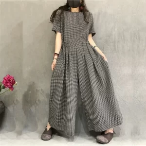 Macacão de linho de algodão feminino, de manga curta, roupa única com renda, cintura alta, calça de perna larga.