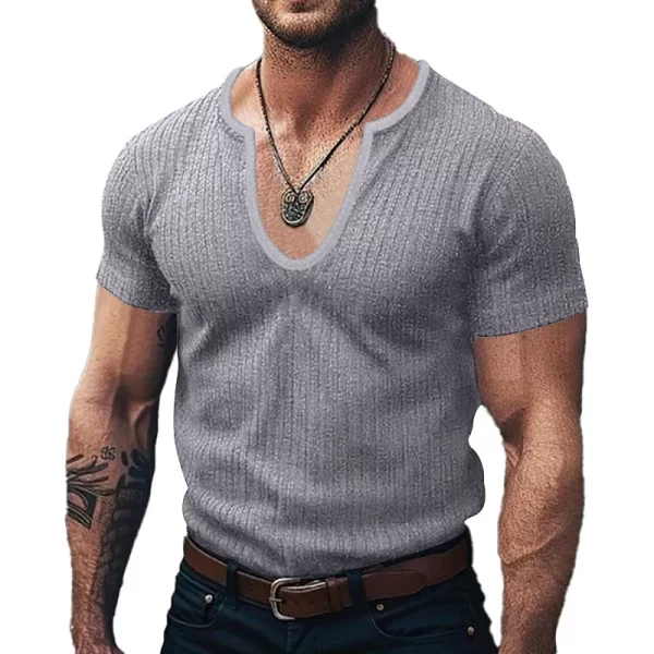 Camiseta masculina manga curta, respirável, casual, pulôver fino sólido,  com decote em U, roupa de verão, novo estilo, moda. - Image 7