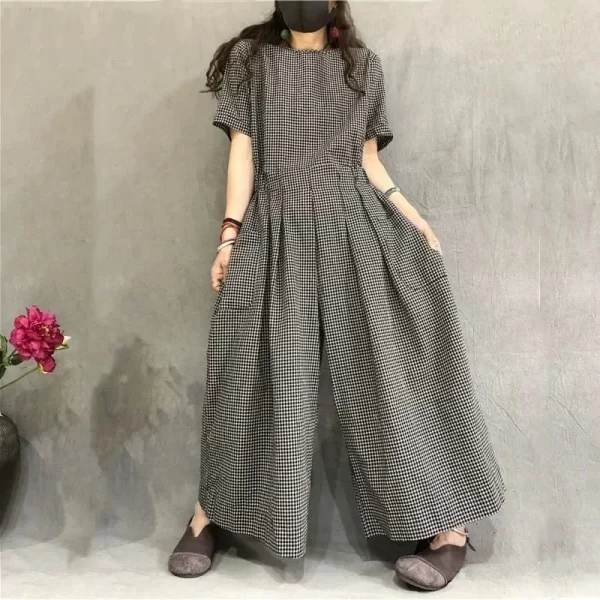 Macacão de linho de algodão feminino, de manga curta, roupa única com renda, cintura alta, calça de perna larga. - Image 7