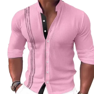 Camisa masculina, manga longa,  de vestido de tecido de mistura de algodão, blusa muscular, tops de botão, formais, rosa, azul, branco, preto