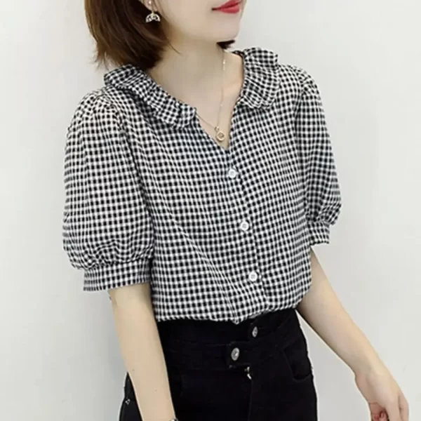 Camisa feminina manga curta xadrez preta xadrez preta, tops,  elegantes, bonita. - Image 3