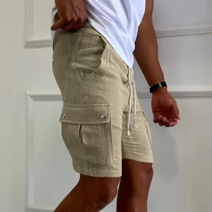 Bermuda masculina, solto respirável, calção esportivo de algodão, bolsos com cordão, moda fitness, cor pura, verão.