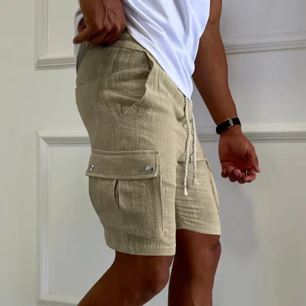 Bermuda masculina, solto respirável, calção esportivo de algodão, bolsos com cordão, moda fitness, cor pura, verão.