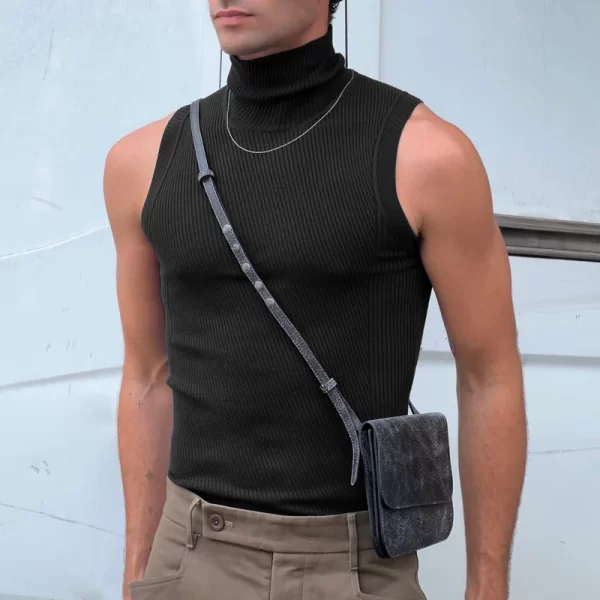 Camiseta regata masculina, Colete de gola alta vintage com nervuras, tops finos sem mangas, casuais, monocromáticas, primavera, verão - Image 5