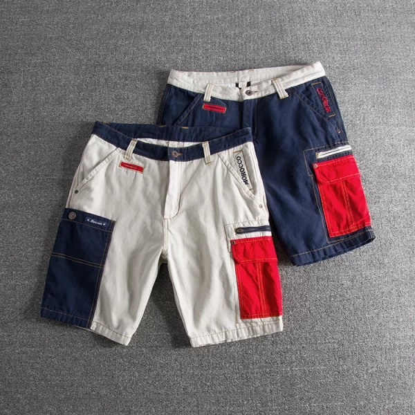 Bermuda masculina, verão, novo americano retro carga, contraste costura multi-bolso lavado, peso pesado, casual cinco pontos. - Image 3
