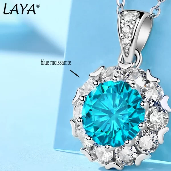 Colar em prata esterlina 925 feminino, Laya 100%, 1ct azul moissanite forma redonda design pingente, noiva, aniversário, casamento jóias. - Image 4
