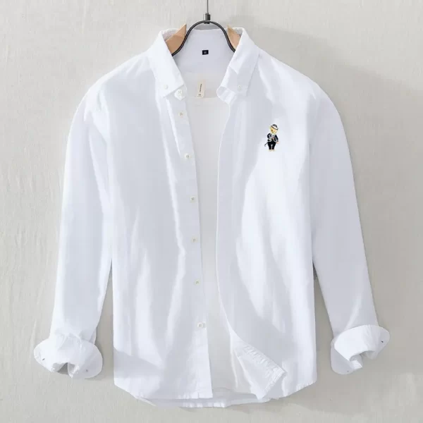 Camisa masculina, manga longa, Alta Qualidade 100% Algodão Japonês, Cor Sólida Casual, Pouco Urso Bordado Camisa Fit GZ10.