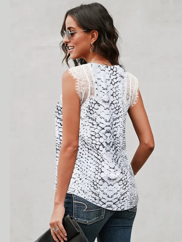 Camiseta regata feminina,  sem mangas com decote em v, blusa temperamentada com renda, decote romântico, requintado, impressão casual, verão. - Image 4