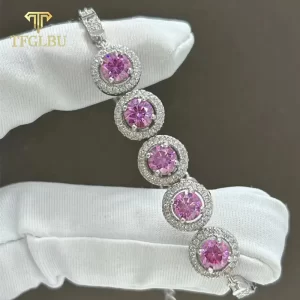 Pulseira feminina, TFGLBU-Moissanite Rosa Completa, Chapeamento De Platina, Corrente De Prata Esterlina S925, Gema De Brilho, Presente Bonito Doce, 2.5CTTW