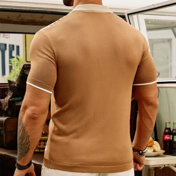Camisa masculina, manga curta,  casual de malha fina de seda gelo, retalho listrado malha camisas, lapela abotoada vintage, moda, verão. - Image 3