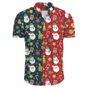 Camisa masculina manga curta, estampada com plantas tropicais, festiva havaiana, carnaval de Natal, ano novo, Papai Noel, casual praia Y2K Aloha Beachwear.