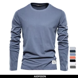 Camiseta de manga comprida de algodão 100%, masculina, sólido primavera casual, t-shirts de alta qualidade, tops roupas clássicas.