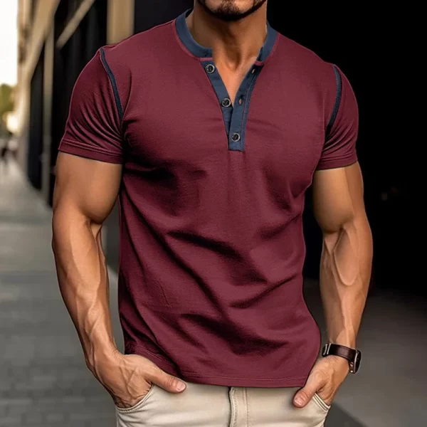 Camiseta de manga curta, masculina,  com botões com decote em v vintage, tops soltos casuais, pulôver lazer primavera verão - Image 3