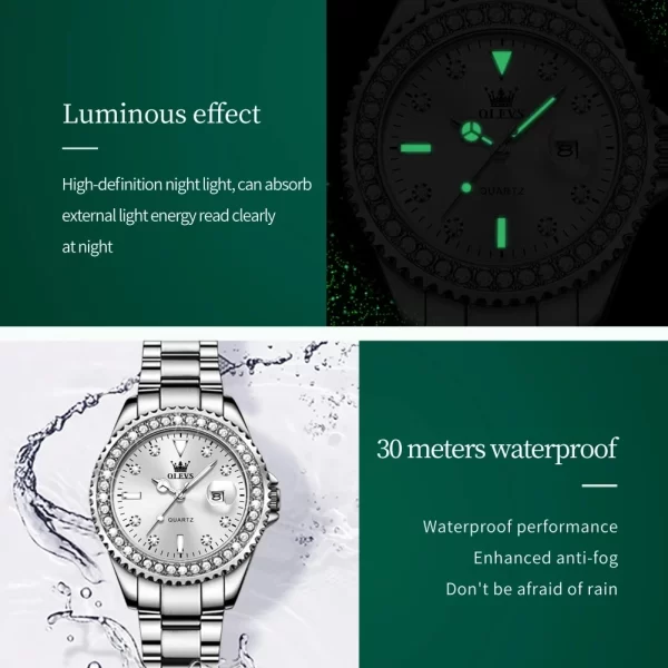 Relógio de pulso feminino, OLEVS Original Diamond Dial Quartz Watch, Moda Elegante,  De Aço Inoxidável À Prova D 'Água. - Image 3