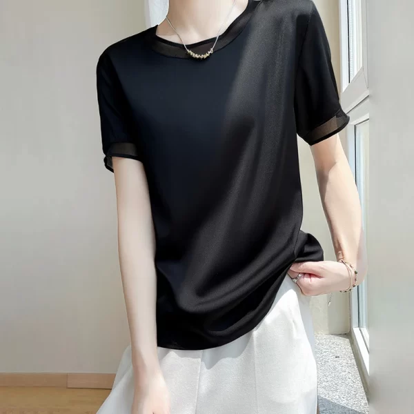 Camiseta manga curta feminina, verão nova, em torno do pescoço pulôver moda malha de cetim na altura do joelho saia cor sólida fina. - Image 3