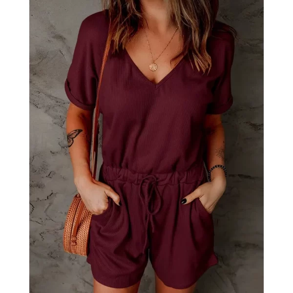 Macacão com bolsos feminino, com bolsos, decote em v, manga curta, shorts casuais, calça jogger, verão. - Image 4