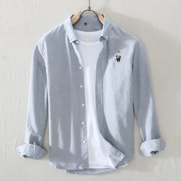 Camisa masculina, manga longa, Alta Qualidade 100% Algodão Japonês, Cor Sólida Casual, Pouco Urso Bordado Camisa Fit GZ10. - Image 9