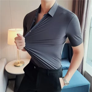 Camisa masculina, manga curta,  casual, alta elasticidade, sem costura, luxo, negócio, vestido formal, social, alta qualidade.
