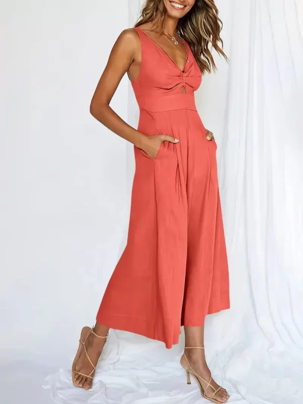 Macacão de cintura alta com decote em v feminino, sem costas, oco, sem mangas, elegante, perna larga, sexy, novo. - Image 6