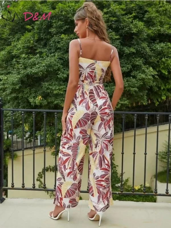 Macacão feminino, D & M, de cami com estampa tropical,  sem costas,  social feminino elegante, marca Traf. - Image 4