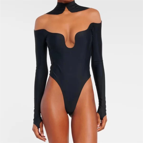Macacão de emenda de malha elástica feminino, camiseta com gola média alta, camiseta sexy de manga longa e meio, nova, primavera e verão, 2024 - Image 3