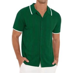 Camisa masculina, manga curta, de malha de lapela de botão, cardigans vintage retalhados, respirável, oca, casual, praia, verão.