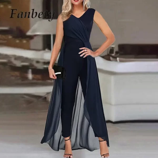 Macacão Longo de Cintura Alta Feminino, Sem Mangas, Decote V, Irregular, Monocromático, Fino, Elegante, Moda, One Piece, Verão. - Image 4
