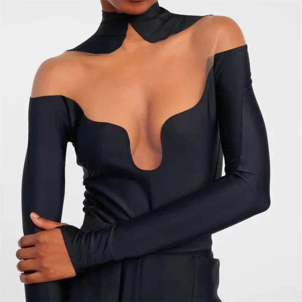 Macacão de emenda de malha elástica feminino, camiseta com gola média alta, camiseta sexy de manga longa e meio, nova, primavera e verão, 2024 - Image 4