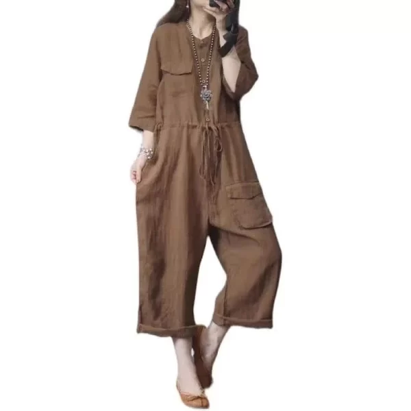 Macacão de linho de algodão grande feminino, de manga comprida, roupa única, calça de cintura alta, roupas. - Image 10