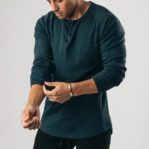 Camiseta manga longa masculina, de botão Henley casual, gola V,  de cor sólida, tops. - Image 5
