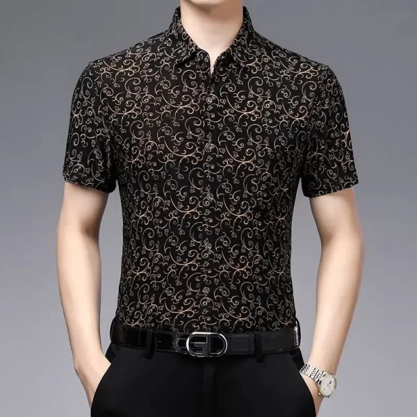 Camisa masculina, manga curta, Streetwear, Camisas Floral Pretas Y2k Verão Secagem Rápida Nuvem Sorte Novo Feriado Casual Lapela Loose Top. - Image 2