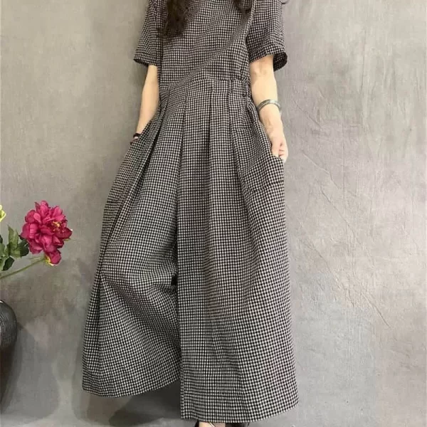 Macacão de linho de algodão feminino, de manga curta, roupa única com renda, cintura alta, calça de perna larga. - Image 3