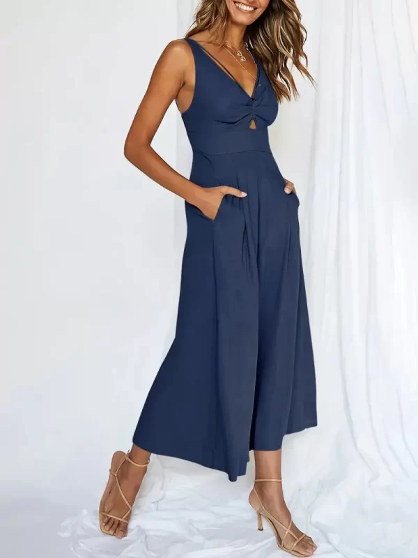 Macacão de cintura alta com decote em v feminino, sem costas, oco, sem mangas, elegante, perna larga, sexy, novo. - Image 13