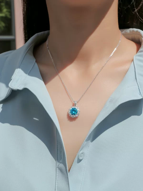 Colar em prata esterlina 925 feminino, Laya 100%, 1ct azul moissanite forma redonda design pingente, noiva, aniversário, casamento jóias. - Image 2