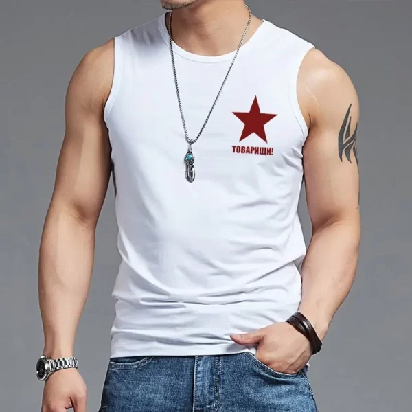 Camiseta regata maculina esportiva de algodão, respirável, secagem rápida, gola redonda, estampa de estrela de cinco pontas, colete sem mangas, moda verão. - Image 5