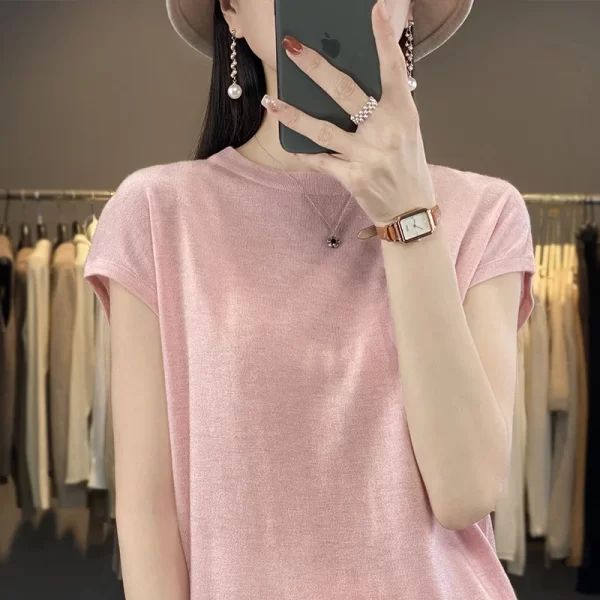 Camiseta feminina de malha de seda gelo manga curta, pulôver gola redonda, regata fina sem mangas, parte inferior casual solta - Image 3