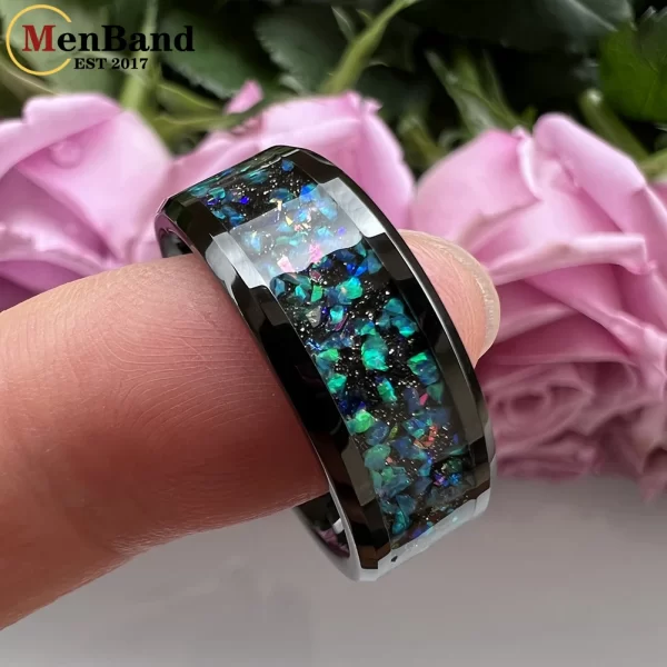 Anel unissex, Menband-de casamento, de carboneto de tungstênio preto, 8mm, com série galaxy, incrustação opala, polido, moda, conforto - Image 4